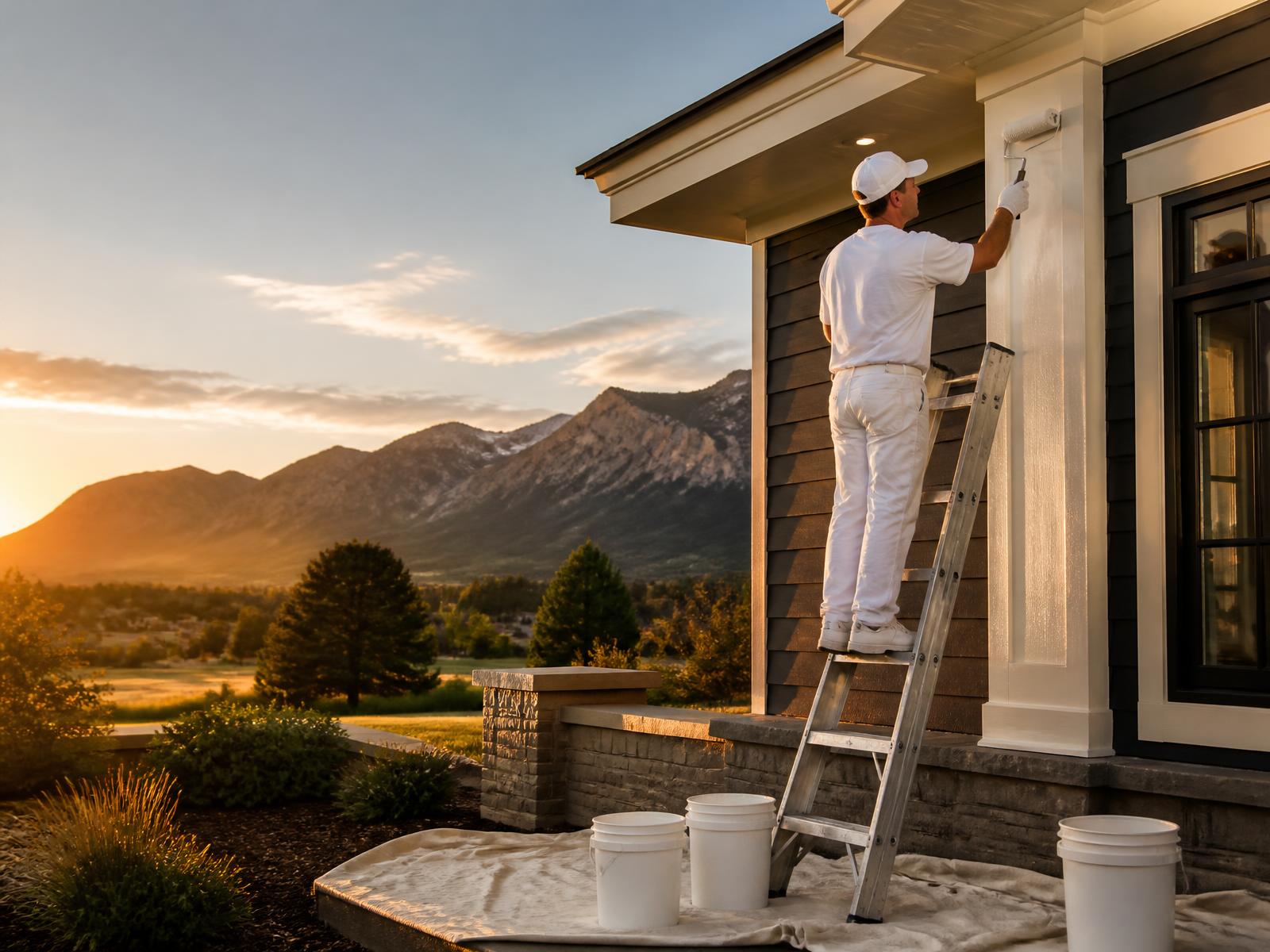 House painters in Lone Tree CO applying a fresh exterior finish to a Colorado home at golden hour